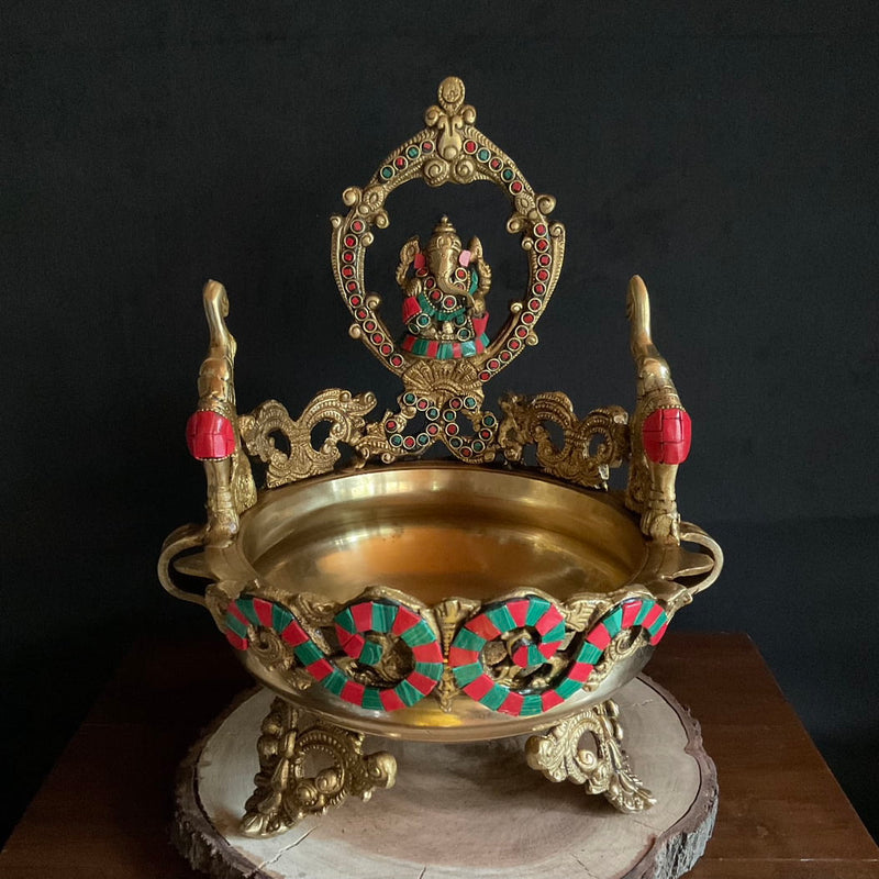 12 Inches Decorative Brass Stonework Urli With Lord Ganesha - Ganesha Urli Bowl For Home Decor - Crafts N Chisel - Indian Home Decor USA