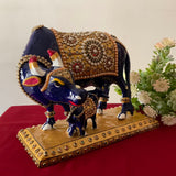9 Inches Kamdhenu Cow and Calf Set Metallic Statue - Crafts N Chisel - Indian Home Decor USA