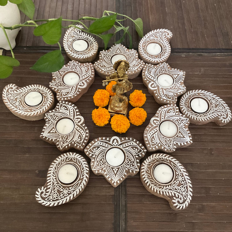 Keri & Flower Wooden Diya (Set of 12) - Tea light Holder - Diwali Decor & Gifts - Crafts N Chisel - Indian Home Decor USA
