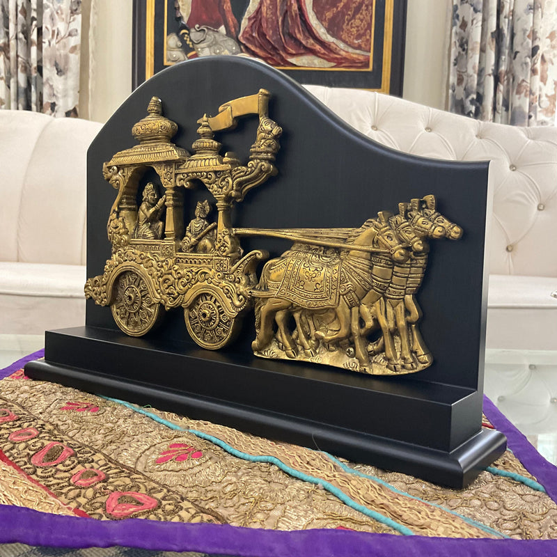 Krishna Arjun Rath Brass Wooden Table Decor - Traditional Office & Home Decor - Crafts N Chisel - Indian Home Decor USA