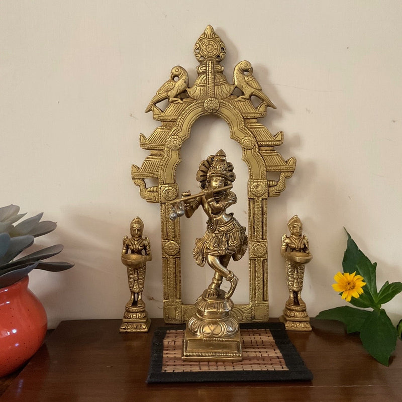 Krishna Brass Idol, Deep Lakshmi & Prabhavali Set - Crafts N Chisel - Indian Home Decor USA