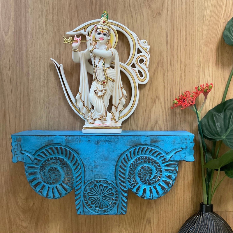 Krishna Marble Dust Idol With Distressed Wooded Blue Frame Wall Hanging - Decorative Wall decor - Crafts N Chisel - Indian Home Decor USA
