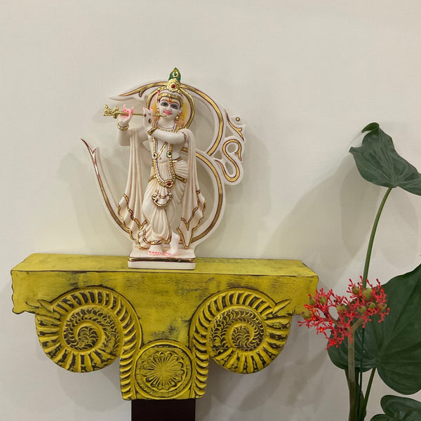 Krishna Marble Dust Idol With Distressed Wooded Yellow Platform Wall Hanging - Decorative Wall decor - Crafts N Chisel - Indian Home Decor USA
