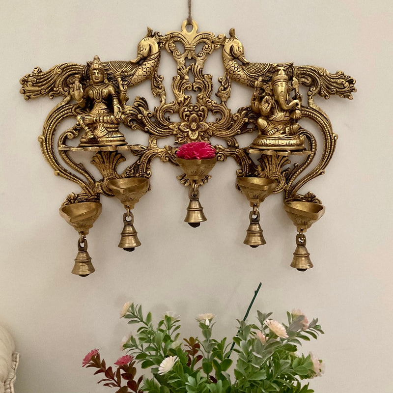 Lakshmi Ganesh Hanging Diya & Bell - Brass Divine Wall Hanging - Festive Decor - Crafts N Chisel - Indian Home Decor USA
