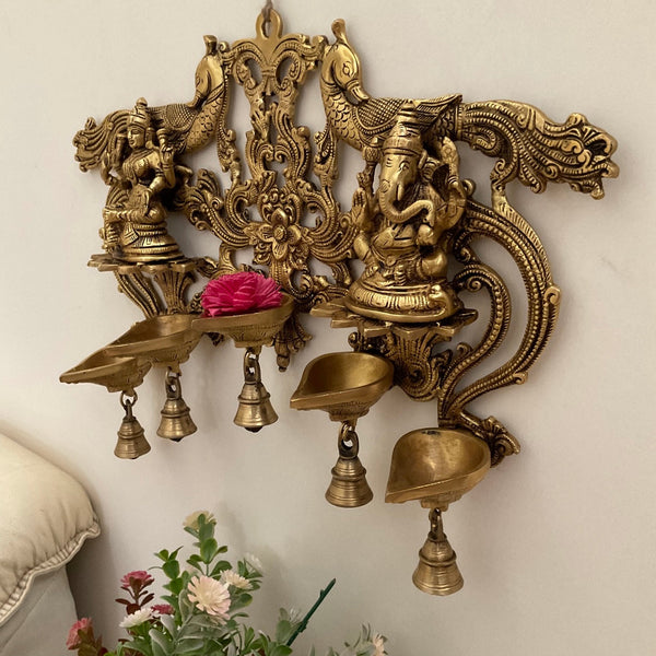 Lakshmi Ganesh Hanging Diya & Bell - Brass Divine Wall Hanging - Festive Decor - Crafts N Chisel - Indian Home Decor USA