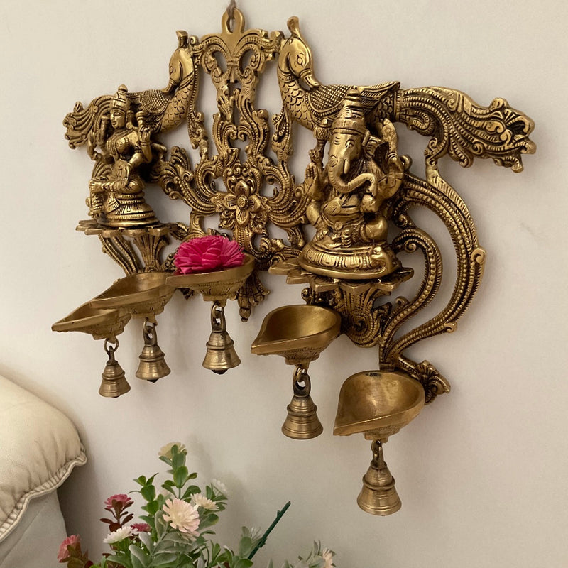 Lakshmi Ganesh Hanging Diya & Bell - Brass Divine Wall Hanging - Festive Decor - Crafts N Chisel - Indian Home Decor USA