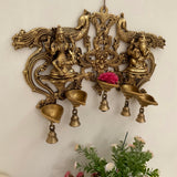 Lakshmi Ganesh Hanging Diya & Bell - Brass Divine Wall Hanging - Festive Decor - Crafts N Chisel - Indian Home Decor USA