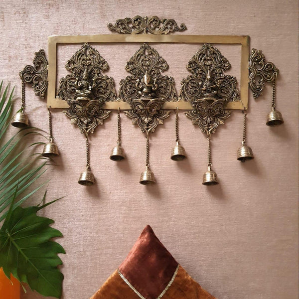 Lakshmi Ganesh Saraswati Bell - Brass Wall Hanging - Decorative - Crafts N Chisel - indian home decor 