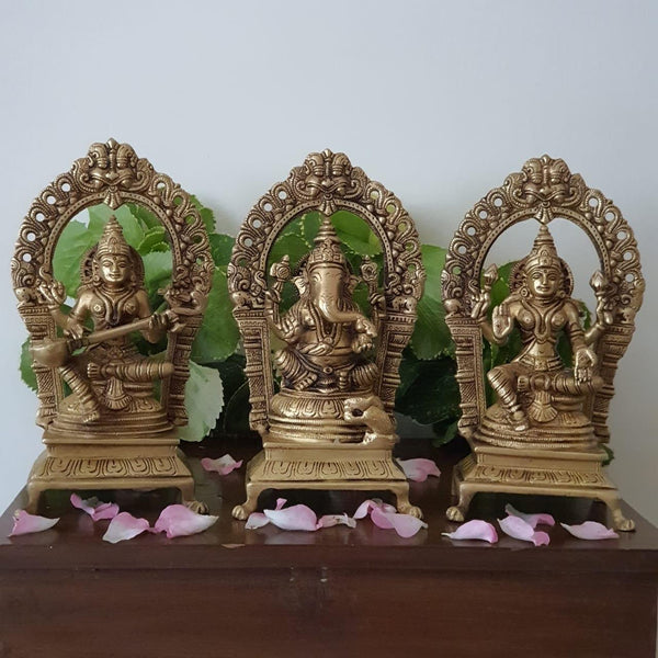 Lakshmi Ganesh Saraswati Brass Idol - Decorative Home Decor-Crafts N Chisel-Indian Handicrafts Online USA