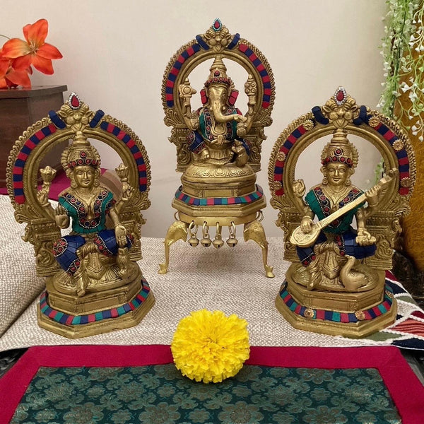 Lakshmi Ganesh Saraswati Brass Idol - Stonework - Decorative Home Decor - Crafts N Chisel - Indian Home Decor USA