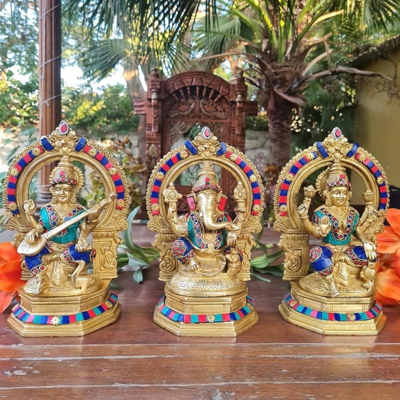 Artvarko Messing Lakshmi Ganesha Saraswati Idool Ganesh laxmi Murti standbeeld voor thuiskantoor succes entree decor Diwali Pooja geluk geschenk gouden kleur 20 cm Artvarko Messing Lakshmi Ganesha Saraswati Idool Ganesh laxmi Murti standbeeld voor thuiskantoor succes entree decor Diwali Pooja geluk geschenk gouden kleur 20 cm