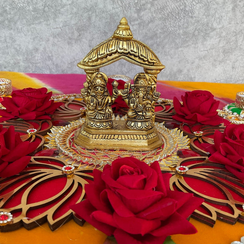 Lakshmi Ganesh Temple Brass Idol & Decorative Plate With Tea Light Holder - Decorative Home Decor - Crafts N Chisel - Indian Home Decor USA