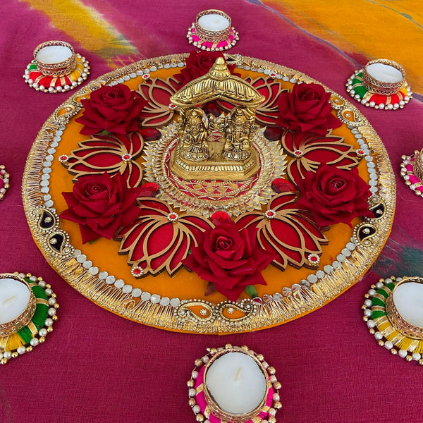 Lakshmi Ganesh Temple Brass Idol & Decorative Plate With Tea Light Holder - Decorative Home Decor - Crafts N Chisel - Indian Home Decor USA