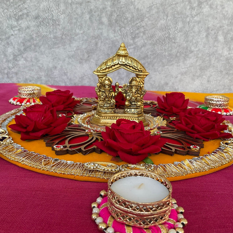 Lakshmi Ganesh Temple Brass Idol & Decorative Plate With Tea Light Holder - Decorative Home Decor - Crafts N Chisel - Indian Home Decor USA