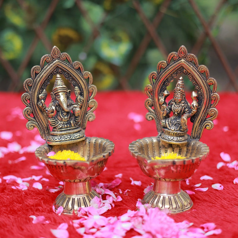 Lakshmi Ganesha Brass Diya Lamp (Set of 2) - Antique Finish - Temple Decor - Crafts N Chisel - Indian Home Decor USA