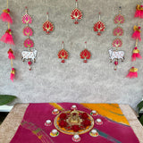 Lakshmi Ganesha Brass Idol - Pichwai Cow Lotus & Frills Wall Decor With Decorative Plate & Tea Light (Set of 19) - Festive Decoration - Crafts N Chisel - Indian Home Decor USA