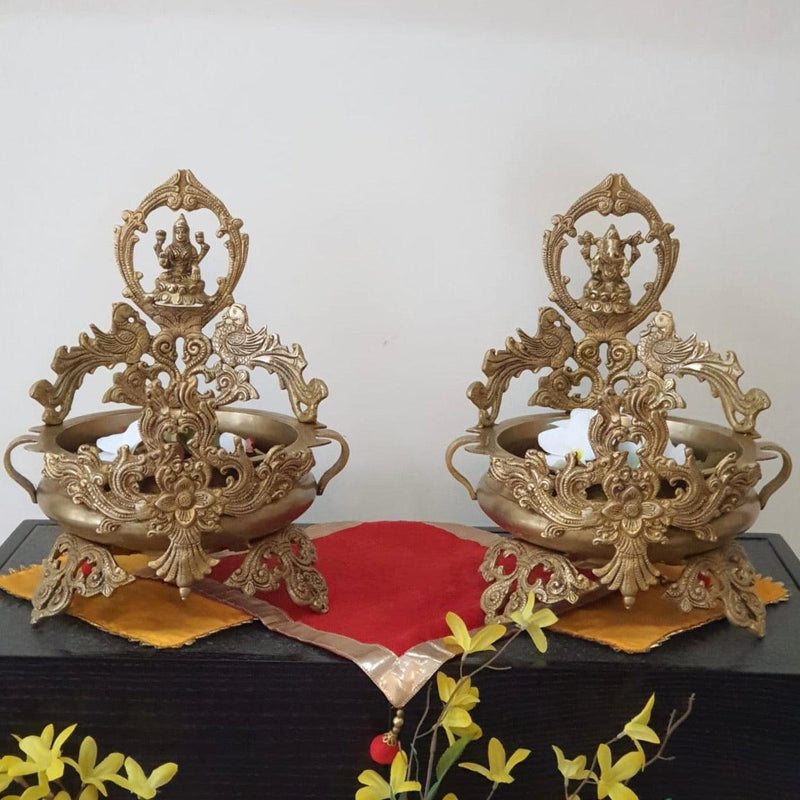 Lakshmi Ganesha Decorative Brass Urli (Set of 2)-Crafts N Chisel-Indian Handicrafts Online USA