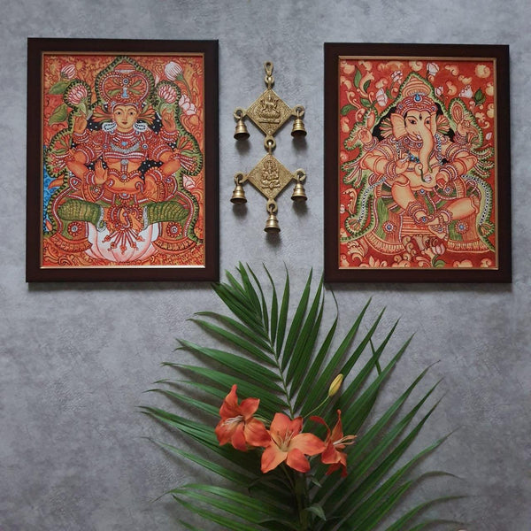 Lakshmi Ganesha Kerala Mural & Hanging Bell (Set of 3) - Handpainted Wall Decor-Crafts N Chisel-Indian Handicrafts Online USA
