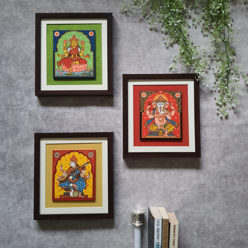 Lakshmi Ganesha Saraswati Pattachitra Painting - Handpainted Wall Decor - Crafts N Chisel - Indian Home Decor USA