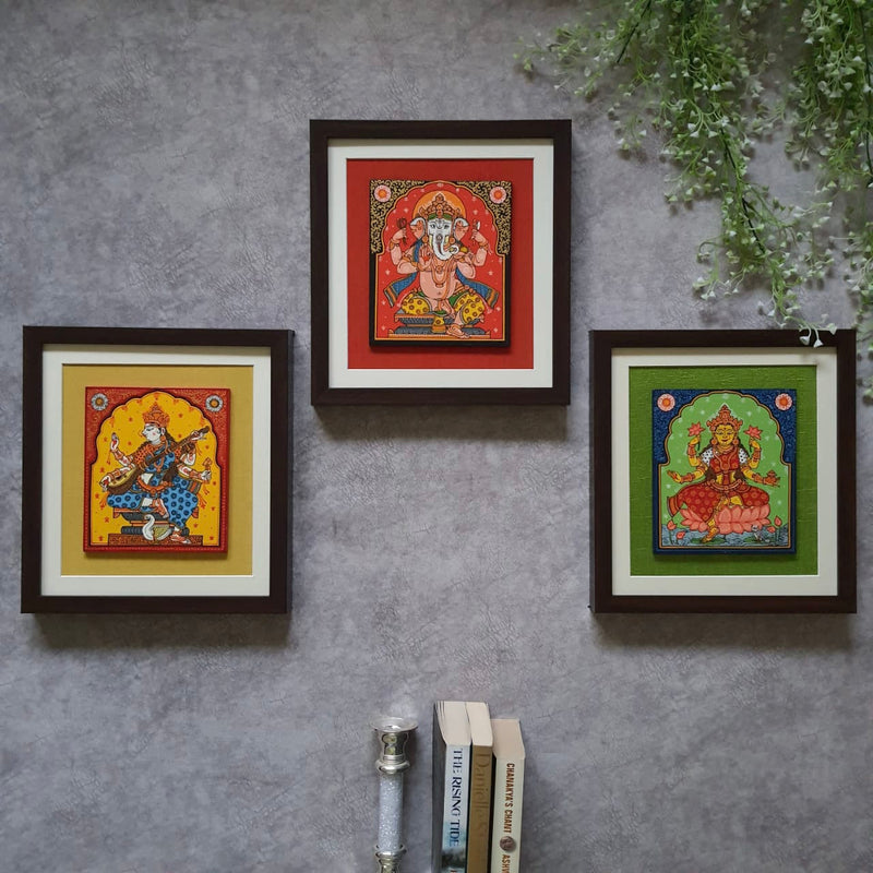 Lakshmi Ganesha Saraswati Pattachitra Painting - Handpainted Wall Decor - Crafts N Chisel - Indian Home Decor USA