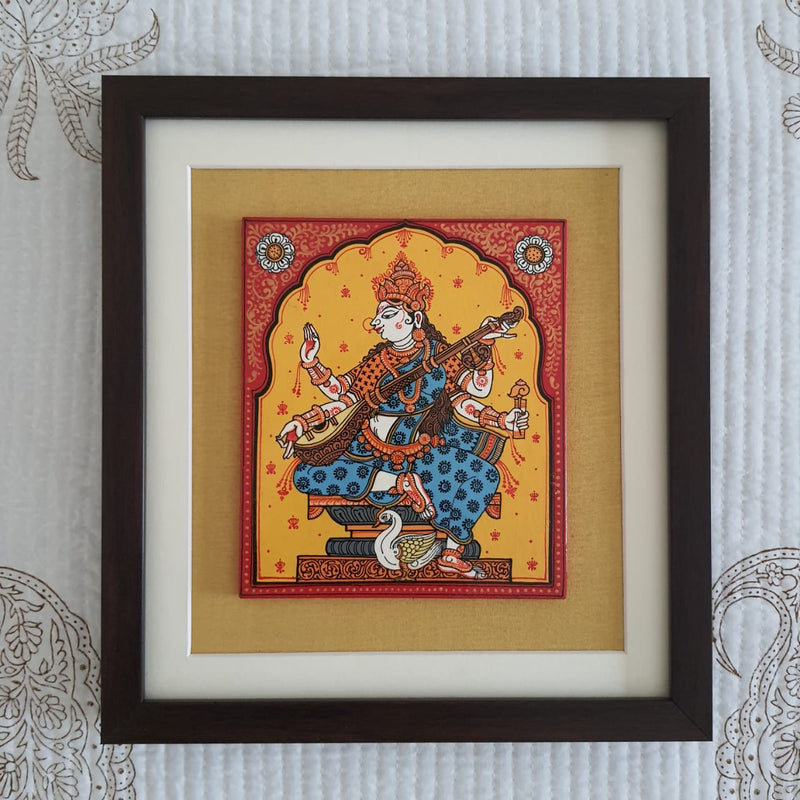 Lakshmi Ganesha Saraswati Pattachitra Painting - Handpainted Wall Decor - Crafts N Chisel - Indian Home Decor USA