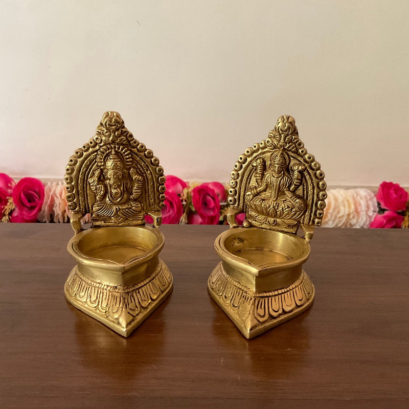 Lakshmi Ganesha Vilakku Diya (Set of 2) - Handmade Brass lamp - Decorative Festive Decor - Crafts N Chisel - Indian Home Decor USA