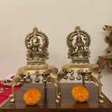 Lakshmi Ganesha With Elephant Brass Chowki For Idols And Pooja (Set of 4) - Crafts N Chisel - Indian Home Decor USA