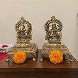 Lakshmi Ganesha With Square Brass Chowki For Idols And Pooja (Set of 4) - Crafts N Chisel - Indian Home Decor USA