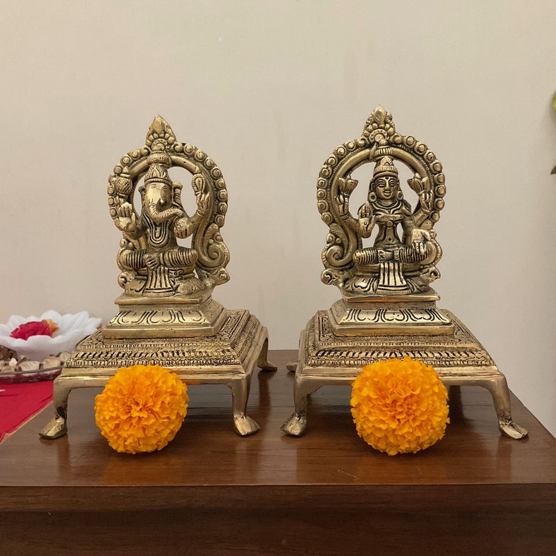 Lakshmi Ganesha With Square Brass Chowki For Idols And Pooja (Set of 4) - Crafts N Chisel - Indian Home Decor USA