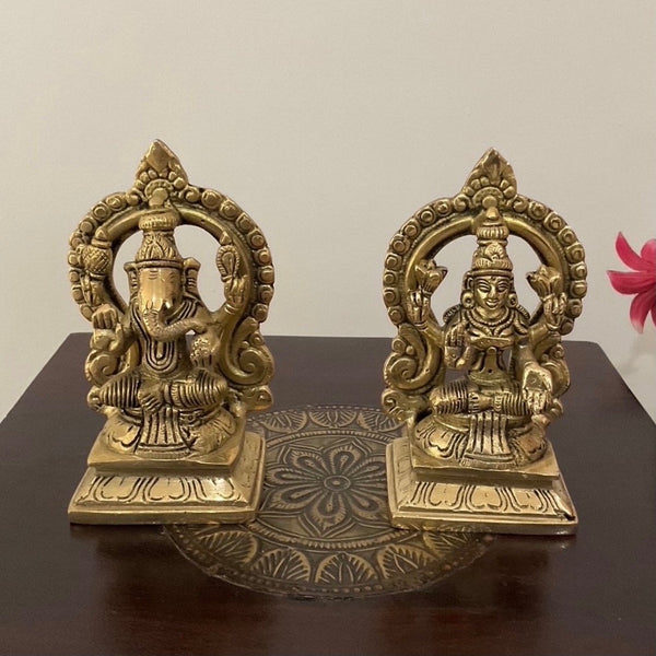 Lakshmi Ganesha With Square Brass Chowki For Idols And Pooja (Set of 4) - Crafts N Chisel - Indian Home Decor USA