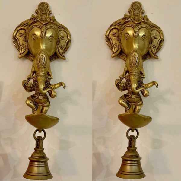 Lord Ganesh Brass Diya and bell - Wall Hanging - Traditional Home Decor-Crafts N Chisel - Indian handicrafts home decor online USA