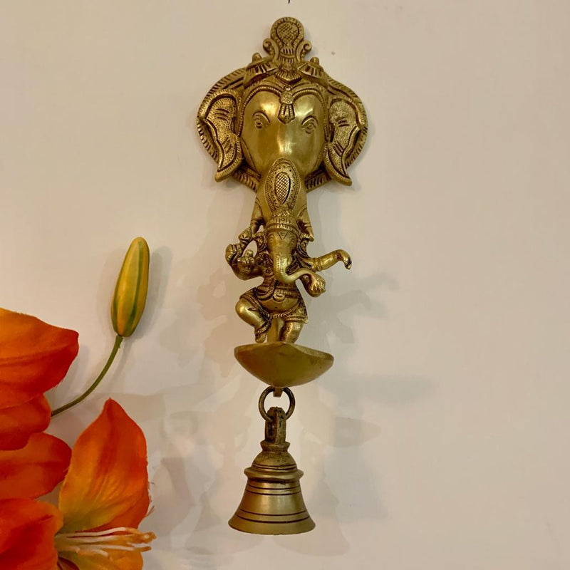 Lord Ganesh Diya and bell - Brass Art - Wall Hanging - Decorative and Religious - Crafts N Chisel - Indian home decor - Online USA