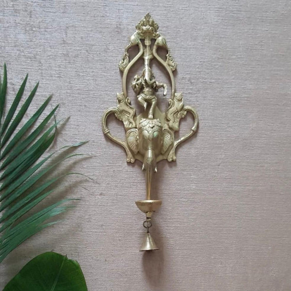 Lord Ganesh Brass Diya and Bell Tall - Wall Hanging - Traditional Home Decor-Crafts N Chisel-Indian Handicrafts Online USA