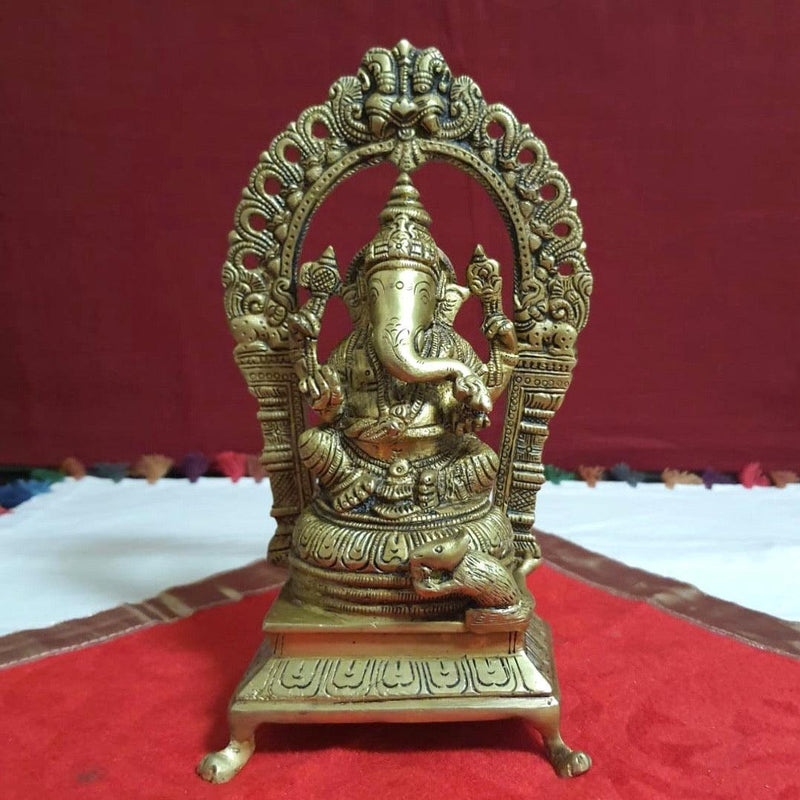 Lord Ganesh Brass Idol With Yali Prabhavali - Decorative Statue-Crafts N Chisel-Indian Handicrafts Online USA