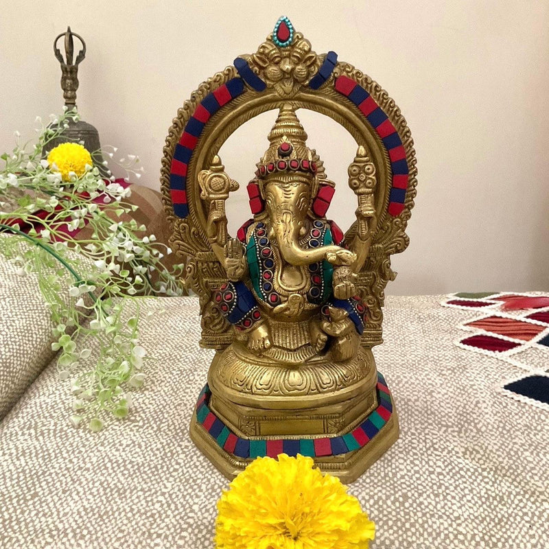 Lord Ganesh Brass Idol With Yali Prabhavali Stonework - Decorative Statue - Crafts N Chisel - Indian Home Decor USA