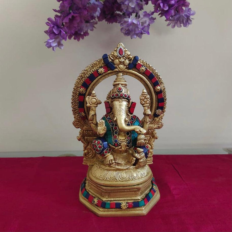 Lord Ganesh Brass Idol With Yali Prabhavali Stonework - Decorative Statue-Crafts N Chisel - Indian home decor online USA