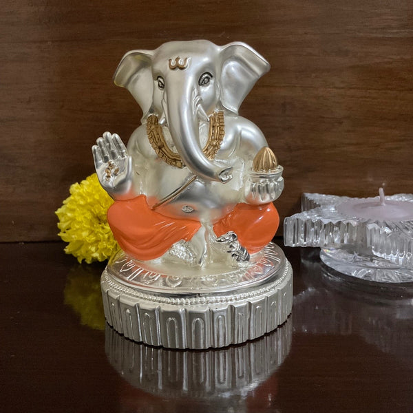 Lord Ganesh Idol Orange - Porcelain With Silver Statue - Decorative Home Decor - Crafts N Chisel - Indian Home Decor USA