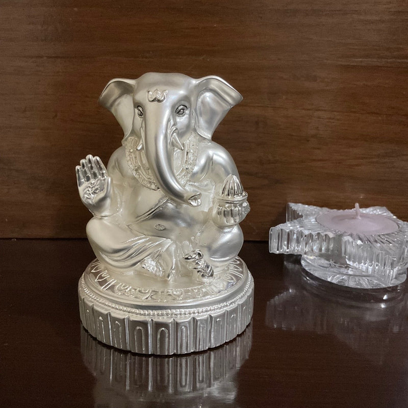 Lord Ganesh Idol - Porcelain With Silver Statue - Decorative Home Decor - Crafts N Chisel - Indian Home Decor USA