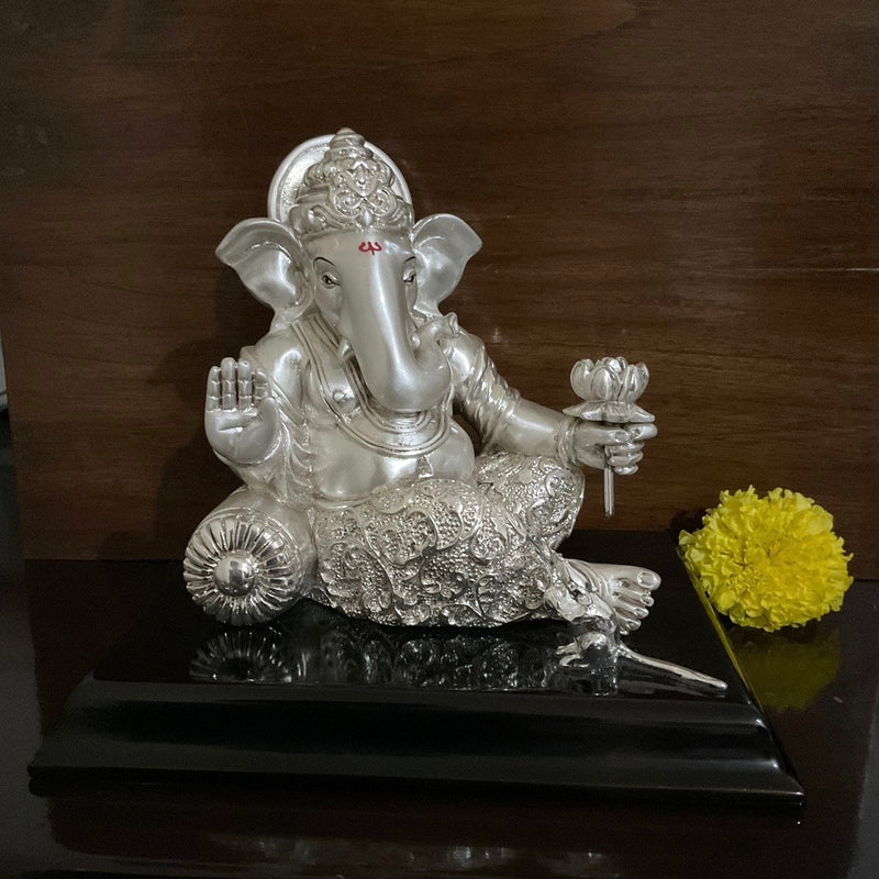 Lord Ganesh Idol With Stand - Porcelain With Silver Statue - Decorative Home Decor - Crafts N Chisel - Indian Home Decor USA