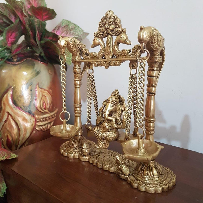 Lord Ganesh Swing Brass Idol - Diya Lamp - Decorative Figurine - Crafts N Chisel - Indian home decor - Online USA