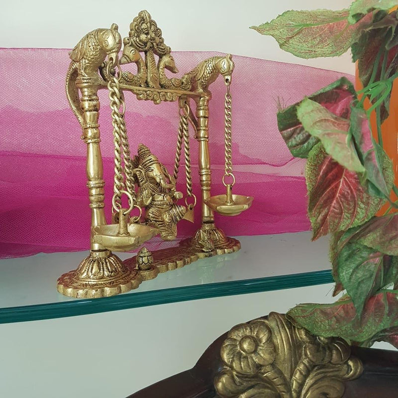 Lord Ganesh Swing Brass Idol - Diya Lamp - Decorative Figurine - Crafts N Chisel - Indian home decor - Online USA
