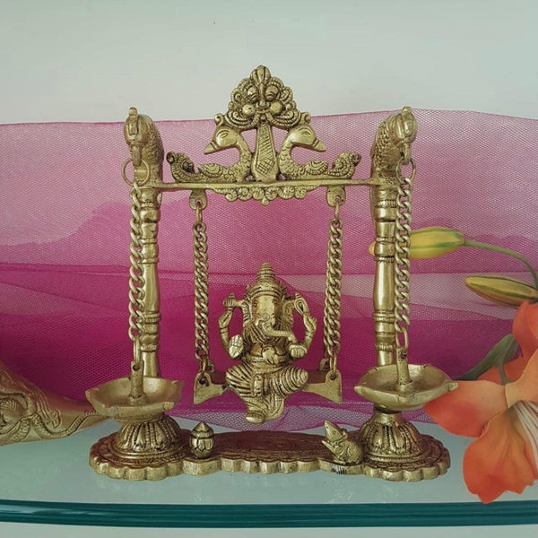 Lord Ganesh Swing Brass Idol With Bird Diya (Set of 3) - Diya Lamp - Traditional Home Decor - Crafts N Chisel - Indian Home Decor USA