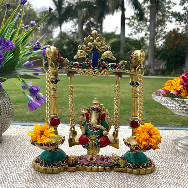 Lord Ganesh Swing Brass Idol With Stonework - Diya Lamp - Traditional Home Decor - Crafts N Chisel - Indian Home Decor USA