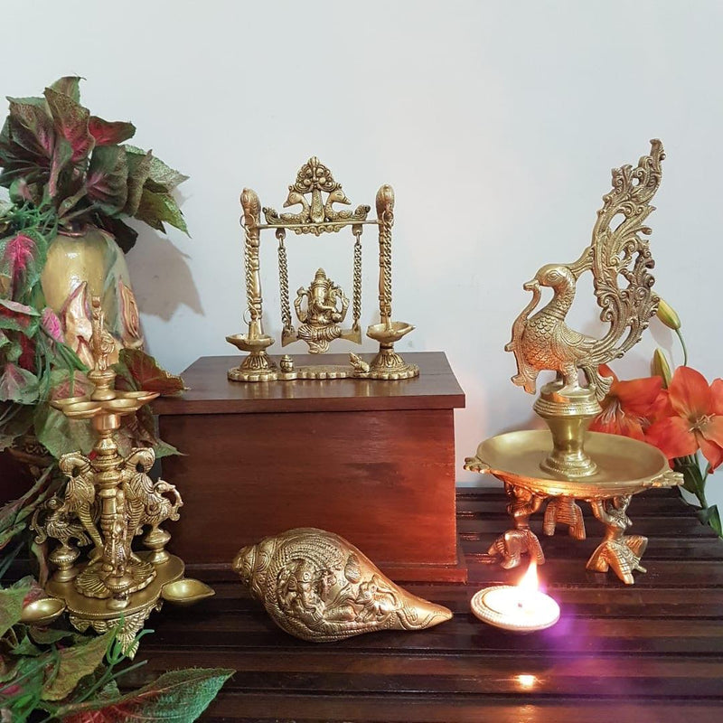 Lord Ganesh Swing, Peacock Diya & Ganesha Shank - Brass indian handicrafts statue - Crafts N Chisel USA - home decor