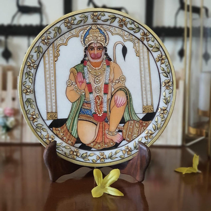 Lord Hanuman Gold leaf 9" Marble Round Jew Plate - Home Decor, Table Decor - Spiritual- Crafts N Chisel - Indian Home Decor USA