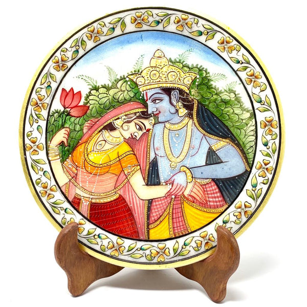 Lord Radha Krishna Gold leaf 9" Marble Round Jew Plate - Home Decor, Table Decor - Spiritual - Crafts N Chisel - Indian home decor - Online USA