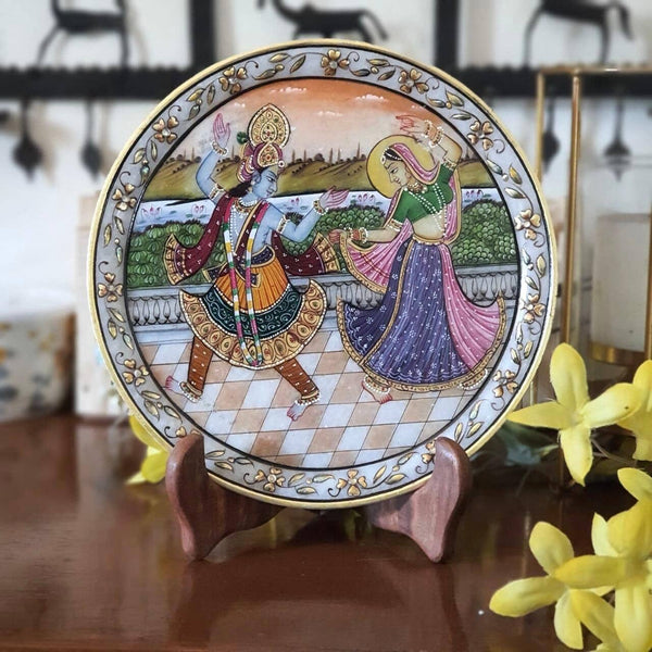 Lord Radha Krishna Gold leaf 9" Marble Round Plate - Home Decor, Table Decor-Crafts N Chisel - Indian handicrafts home decor online USA