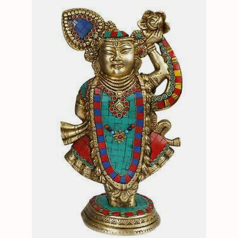 Lord Shrinathji Brass Idol With Stonework - Crafts N Chisel - Indian Home Decor USA