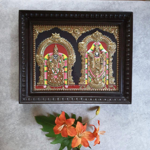 Lord Tirupati Balaji & Padmavathi Devi - 3D Tanjore Painting - Tradtional Wall Art-Crafts N Chisel-Indian Handicrafts Online USA