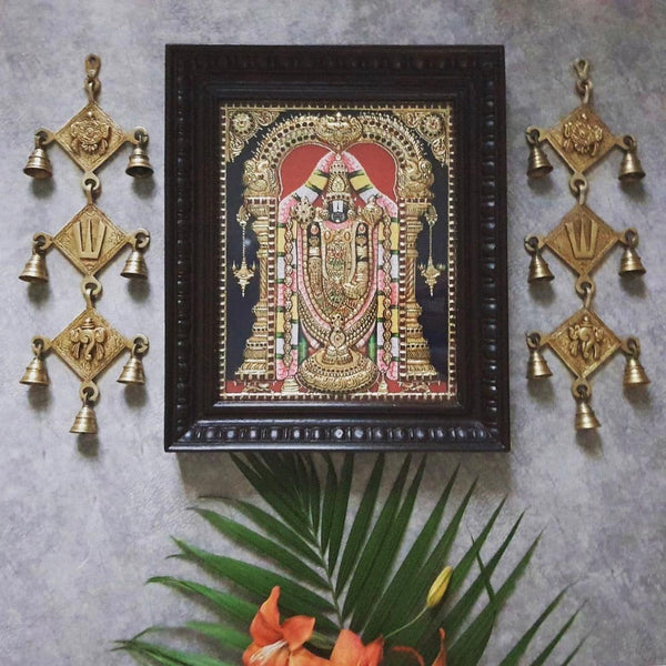 Lord Tirupati Balaji - Venkateshwara 3D Tanjore Painting & Hanging Bell (Set of 3) - Tradtional Wall Art-Crafts N Chisel-Indian Handicrafts Online USA